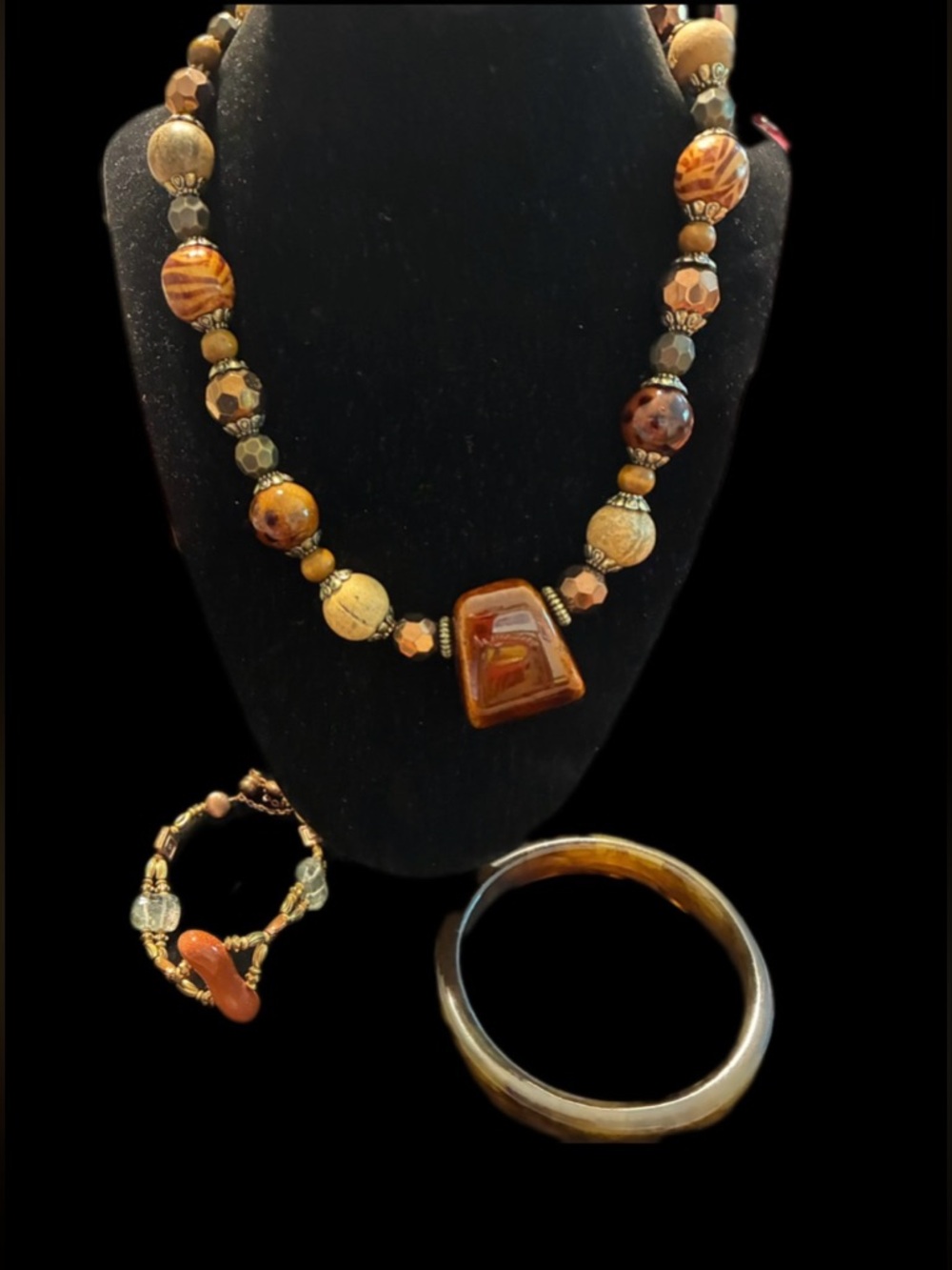 Brown Beaded Statement Necklace with Matching Bracelet and Bangle